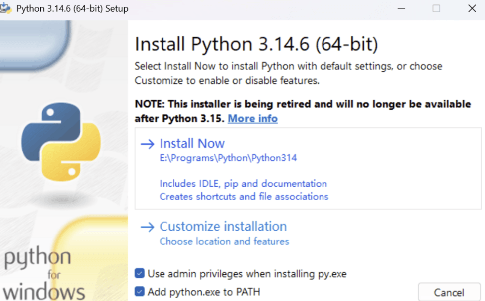 Python 安装步骤 2：Install Now 与 Customize installation 选择界面
