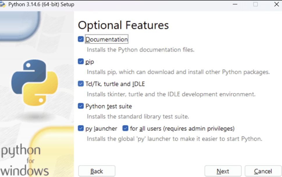 Python 安装步骤 3：Optional Features 可选功能页