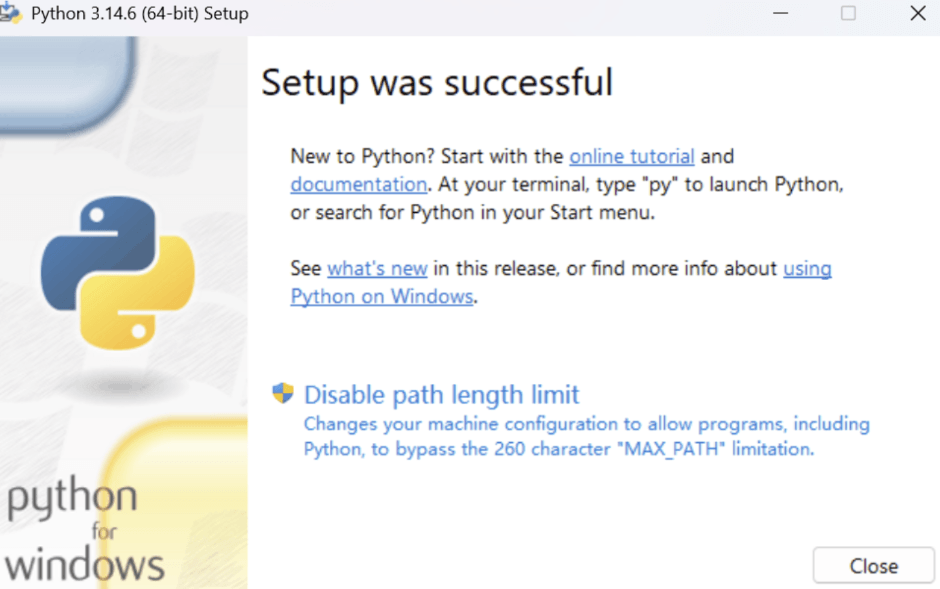 Python 安装步骤 5：Setup Successful 安装成功界面
